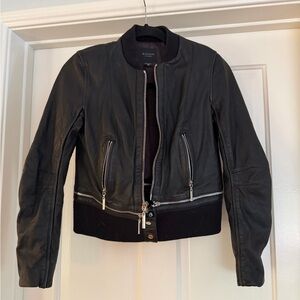 Marciano Black Lambskin bomber/ moto Jacket with Ribbed Hem
